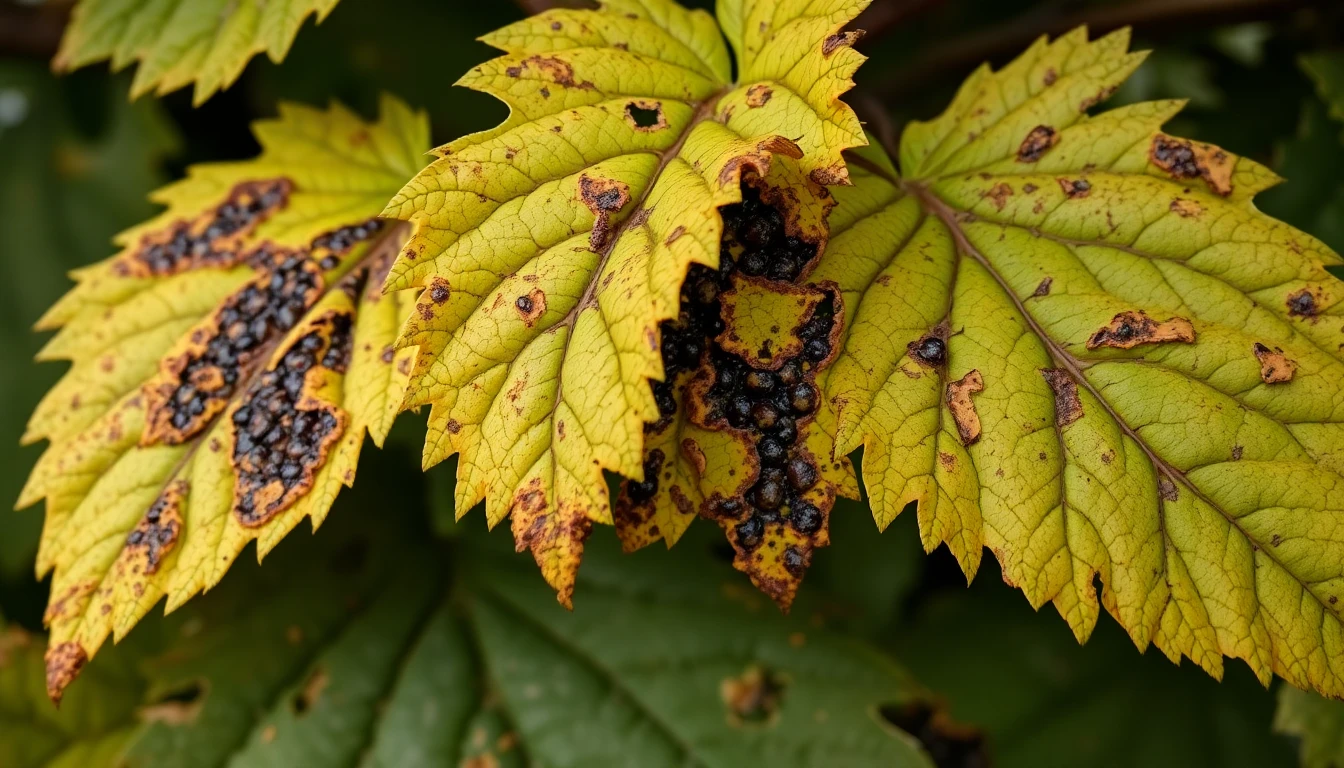 Hojas de vid infestadas con filoxera, mostrando agallas y decoloración